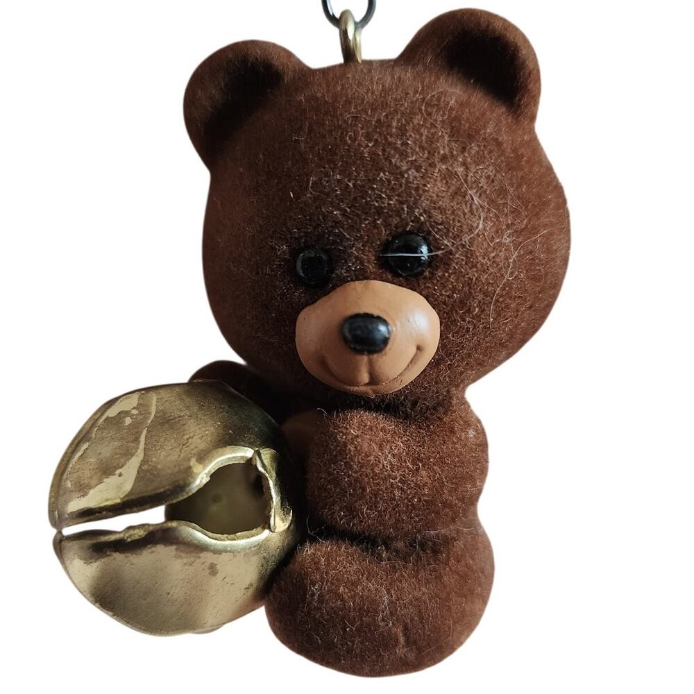 Vintage 1982 Hallmark Velvet Jingling Teddy Keepsake Ornament Brass Bell